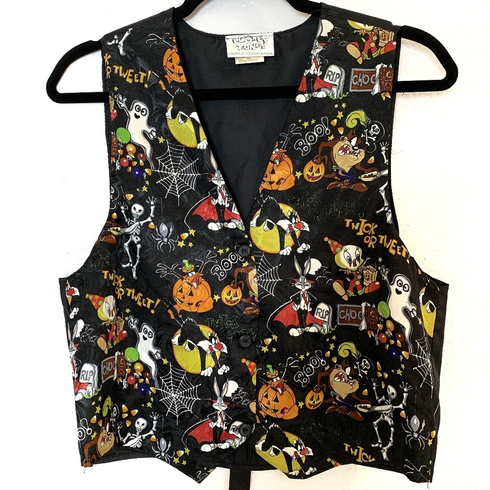Looney Tunes Halloween Vest Womens S/M Vintage Holiday Teacher Pumpkins Tweety